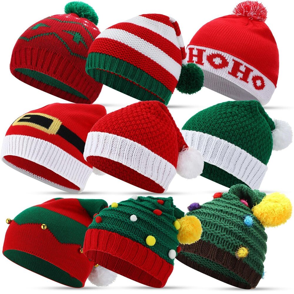 3713 9 Pcs Christmas Hats Knitted Santa Hat Elf Beanie for Adults Winter